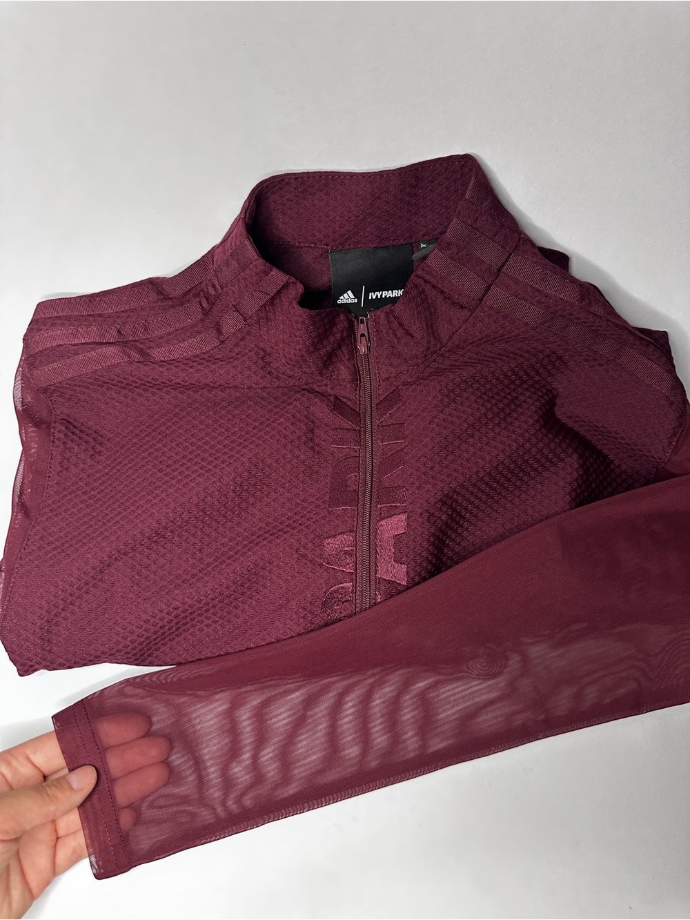 adidas x IVY PARK Beyoncé Asymmetrical Mesh Sleeve Dress Burgundy Size L GK4904